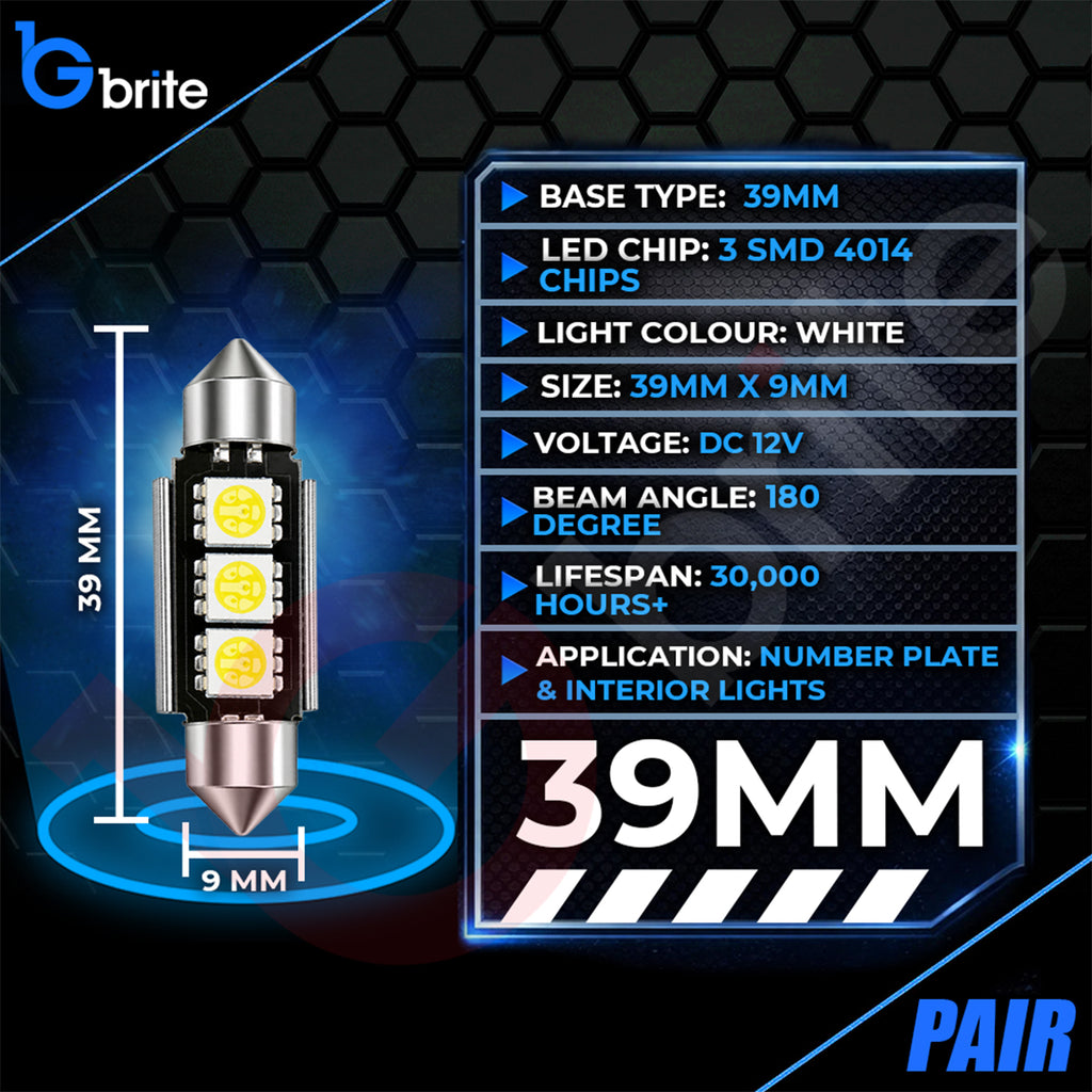 2x 39MM 3 SMD LED FESTOON DOME NUMBER PLATE LIGHT BULBS 272 CANBUS