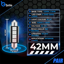 Load image into Gallery viewer, 2x 42MM 4 SMD LED BLUE FESTOON INTERIOR LIGHT BULBS C10W CANBUS