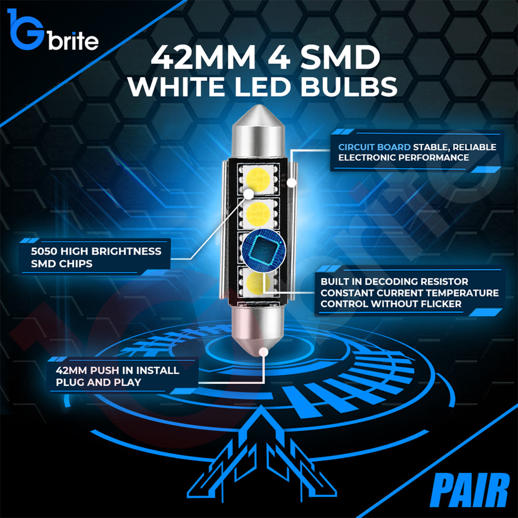 2x 42MM 4 SMD LED WHITE FESTOON INTERIOR LIGHT BULBS C10W CANBUS