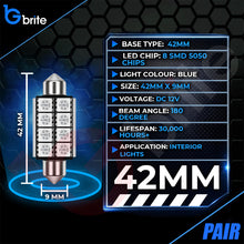 Load image into Gallery viewer, 2x 42MM 8 SMD LED BLUE FESTOON INTERIOR LIGHT BULBS C10W CANBUS