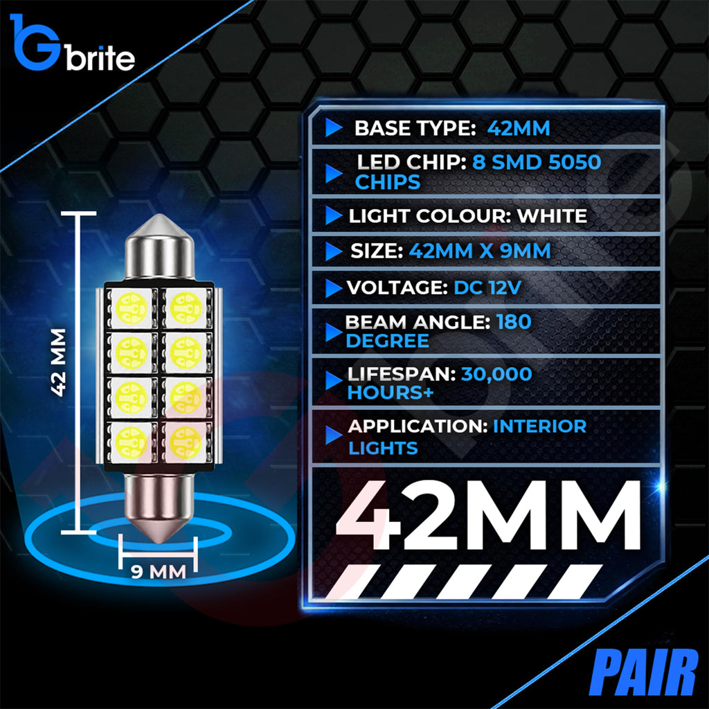 2x 42MM 8 SMD LED WHITE FESTOON INTERIOR LIGHT BULBS C10W CANBUS