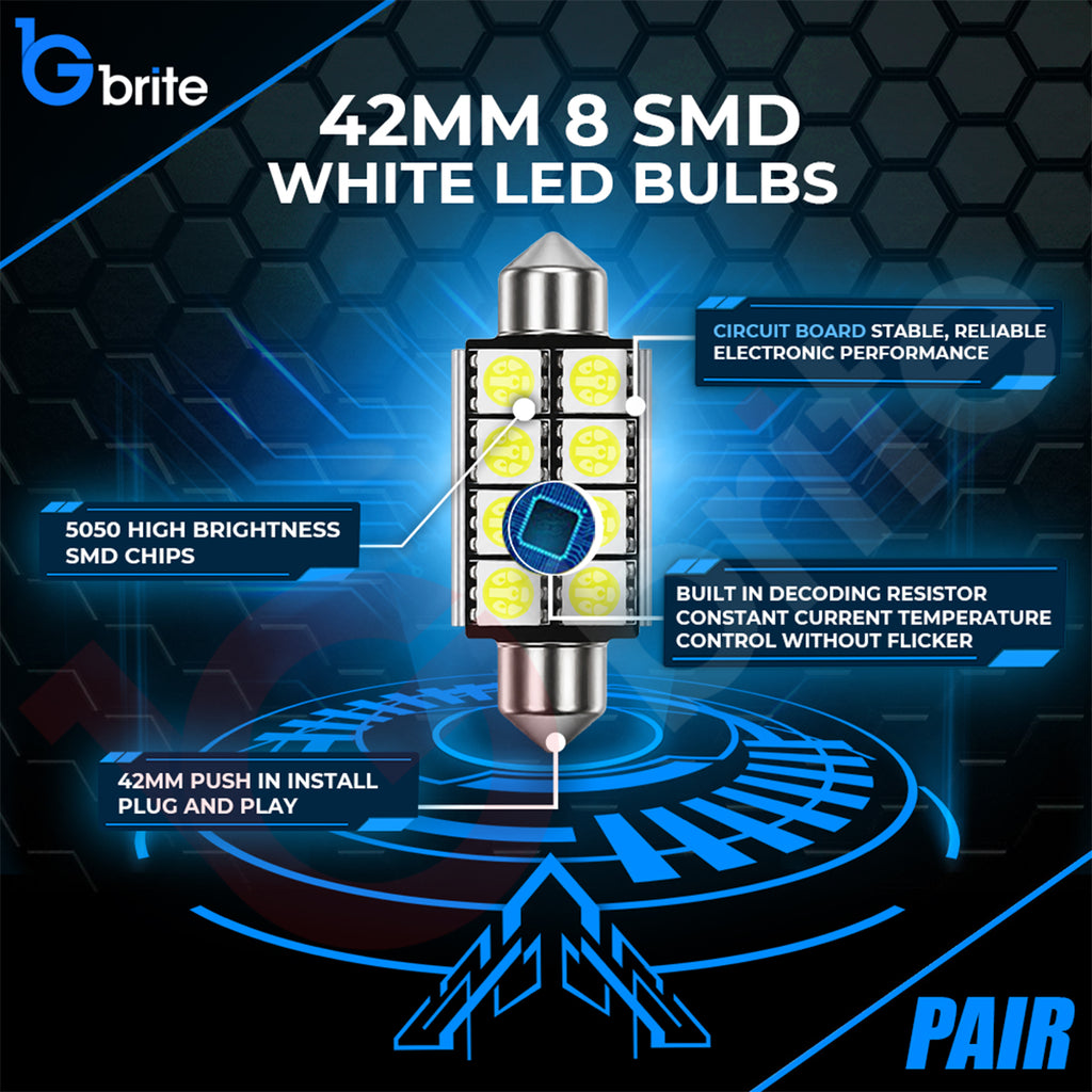 2x 42MM 8 SMD LED WHITE FESTOON INTERIOR LIGHT BULBS C10W CANBUS