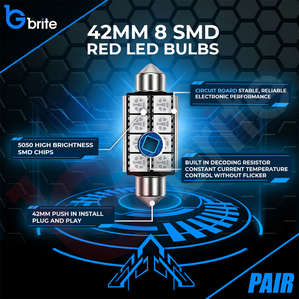 2x 42MM 8 SMD LED RED FESTOON INTERIOR LIGHT BULBS C10W CANBUS