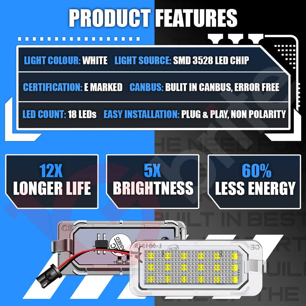 2x 18 LED NUMBER PLATE LIGHT UNITS 5500K XENON WHITE ERROR FREE FOR FORD FIESTA TRANSIT CUSTOM