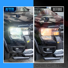 Load image into Gallery viewer, Ford Ranger T9 headlight close-up comparing the original halogen lighting with the fitted Gbrite LED bulb upgrade