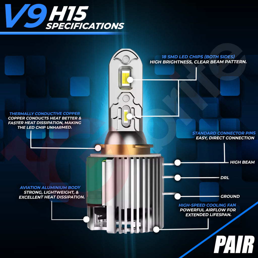 2x H15 V9 LED DRL DAYTIME RUNNING LGIHT & HIGH BEAM UPGRADE BULBS 6500K CANBUS ERROR FREE