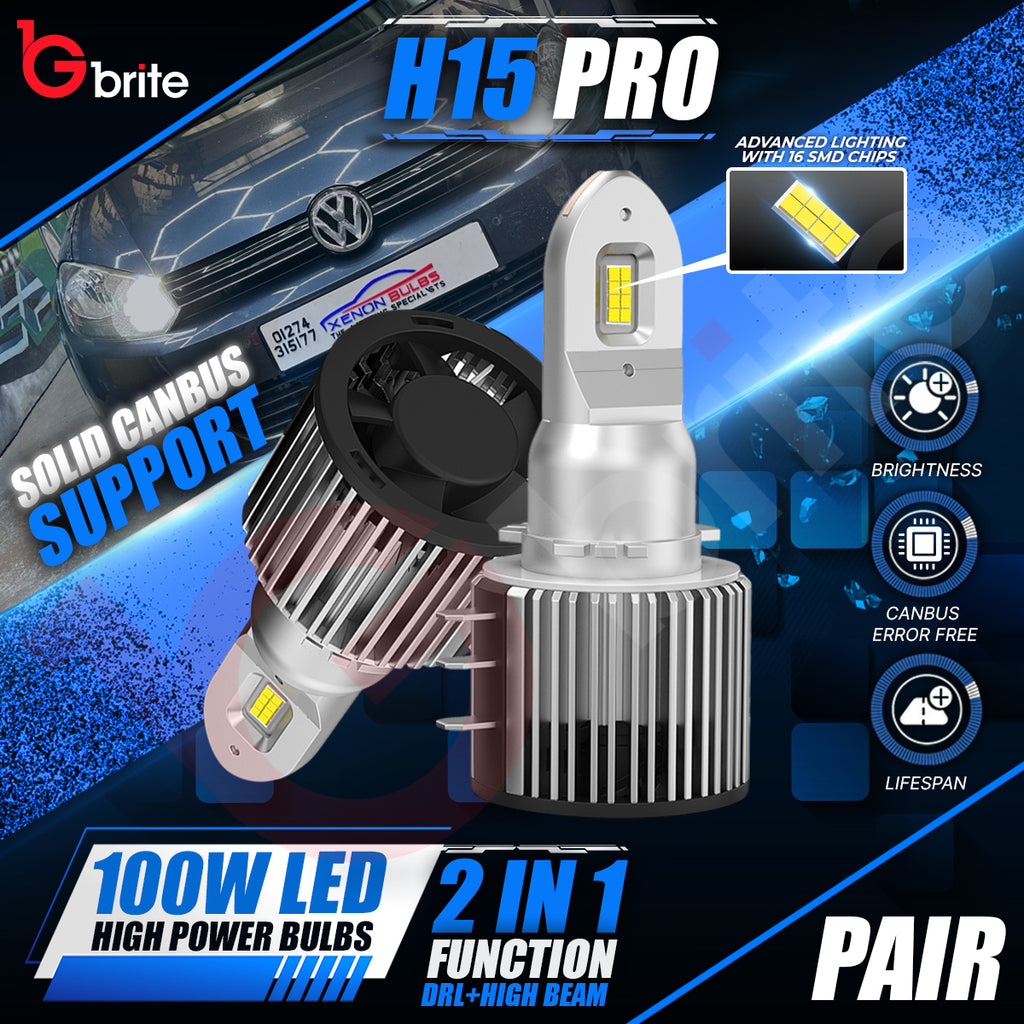 VW GOLF MK7 H7 H15 HEADLIGHT PACKAGE DIPPED BEAM DRL HIGH BEAM LED WHITE BULBS