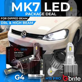 VW GOLF MK7 H7 H15 HEADLIGHT PACKAGE DIPPED BEAM DRL HIGH BEAM LED WHITE BULBS