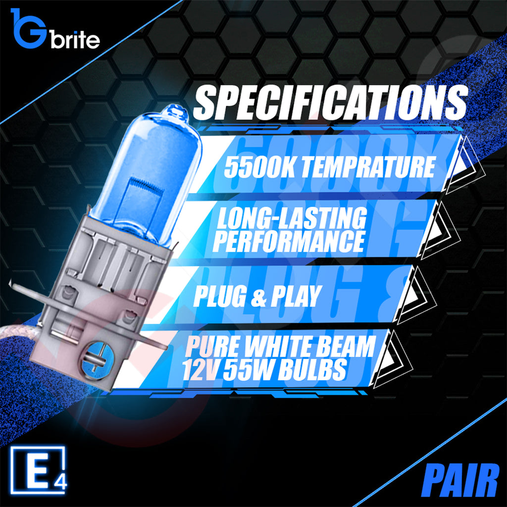 2x H3 55W SUPER XENON WHITE HEADLIGHT & FOGLIGHT BULBS 6000K
