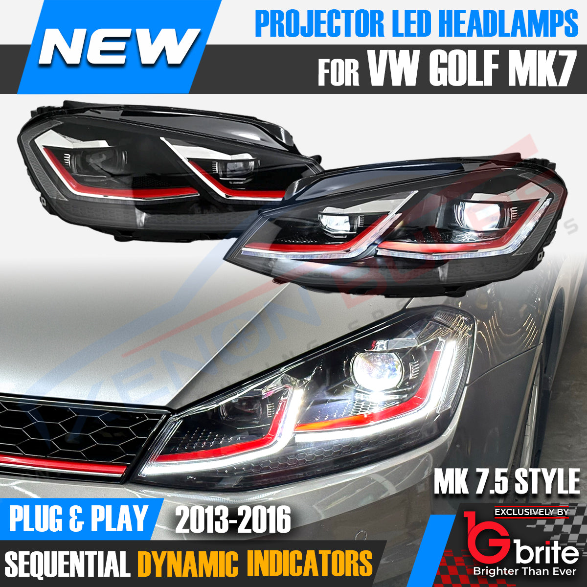VW GOLF MK7 MK7.5 DRL BI XENON RED GTi DAYTIME RUNNING LIGHT SEQUENTIAL HEADLMAPS