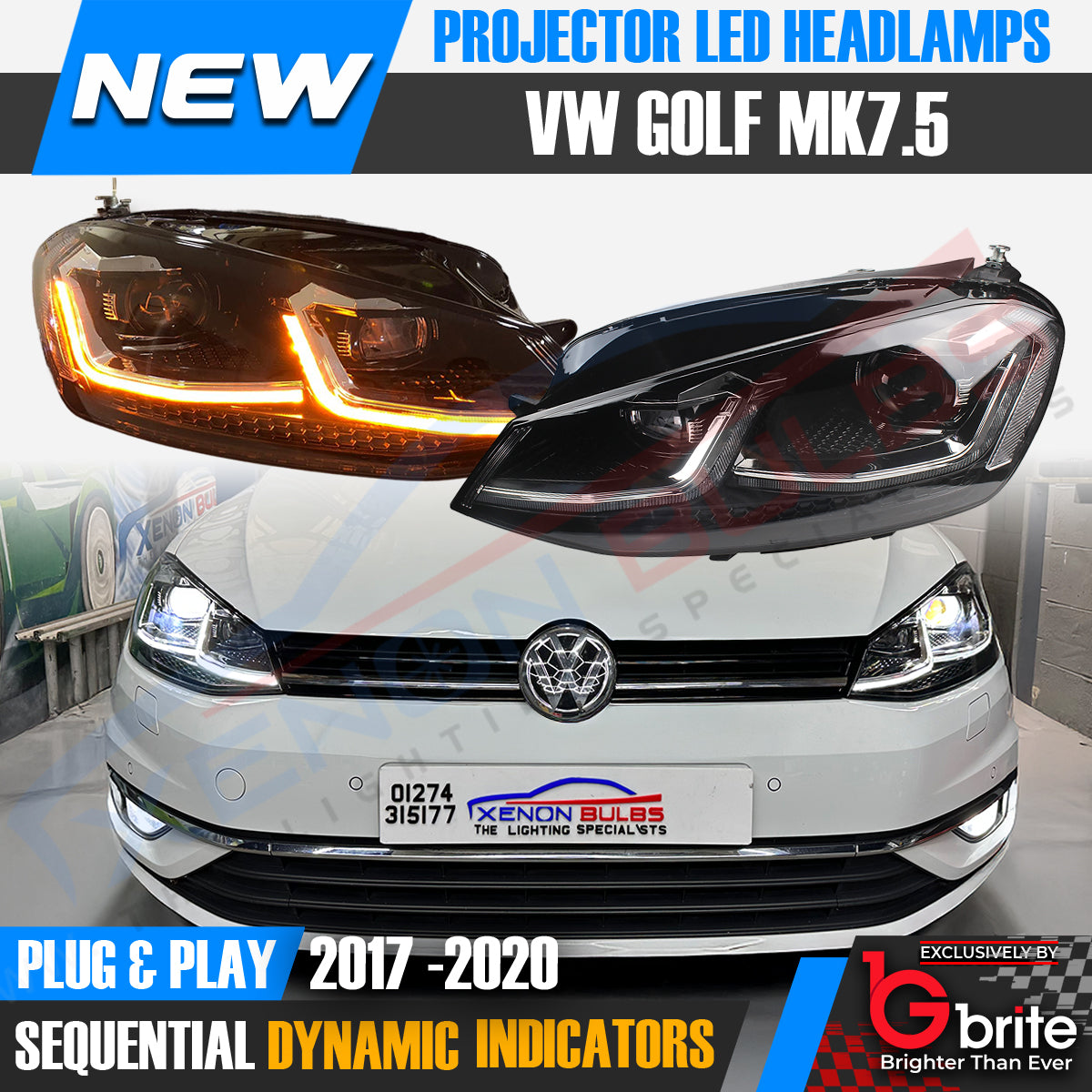 VW GOLF MK7.5 HEADLAMPS LED DRL BI LED GTD STYLE SWIPE SEQUENTIAL INDICATORS