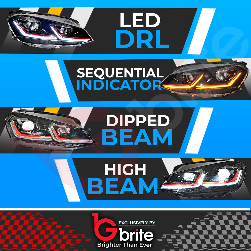 VW GOLF MK7.5 HEADLAMPS LED DRL BI LED RED STYLE SWIPE SEQUENTIAL INDICATORS