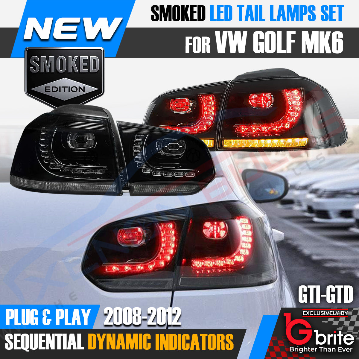 VW GOLF MK6 LED R-DESIGN SEQUENTAIL SWIPE SMOKED TAIL LAMPS RHD LIGHTS PLUG & PLAY