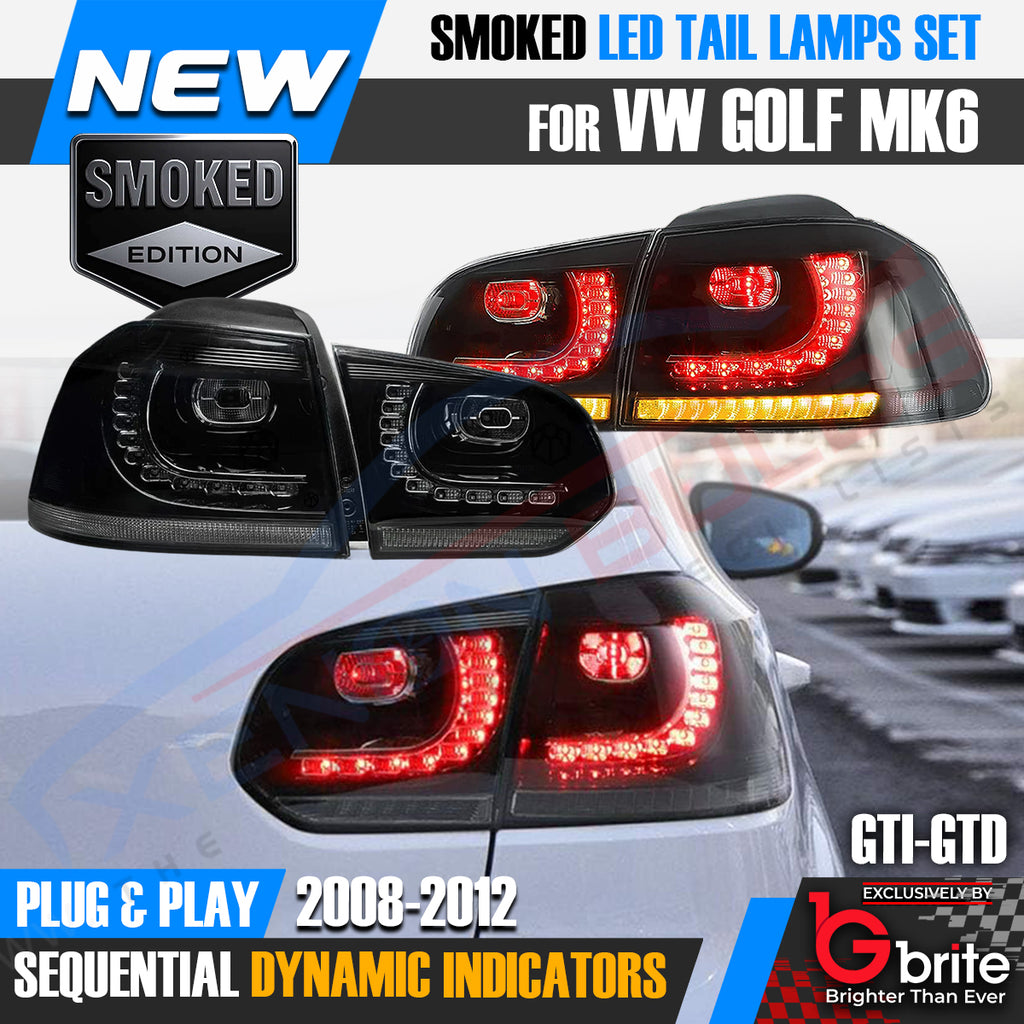 VW GOLF MK6 LED R-DESIGN SEQUENTAIL SWIPE SMOKED TAIL LAMPS RHD LIGHTS PLUG & PLAY
