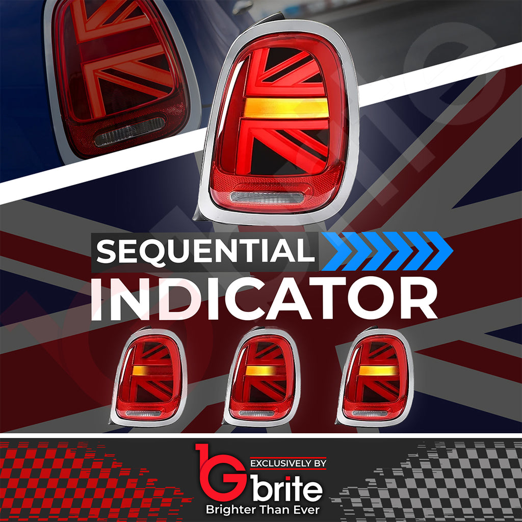 Mini Cooper F55 F56 F57 LED Dyanmic Sequential Union Jack Tail Lights Chrome 14-18