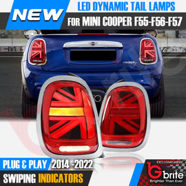 Mini Cooper F55 F56 F57 LED Dyanmic Sequential Union Jack Tail Lights Chrome 14-18