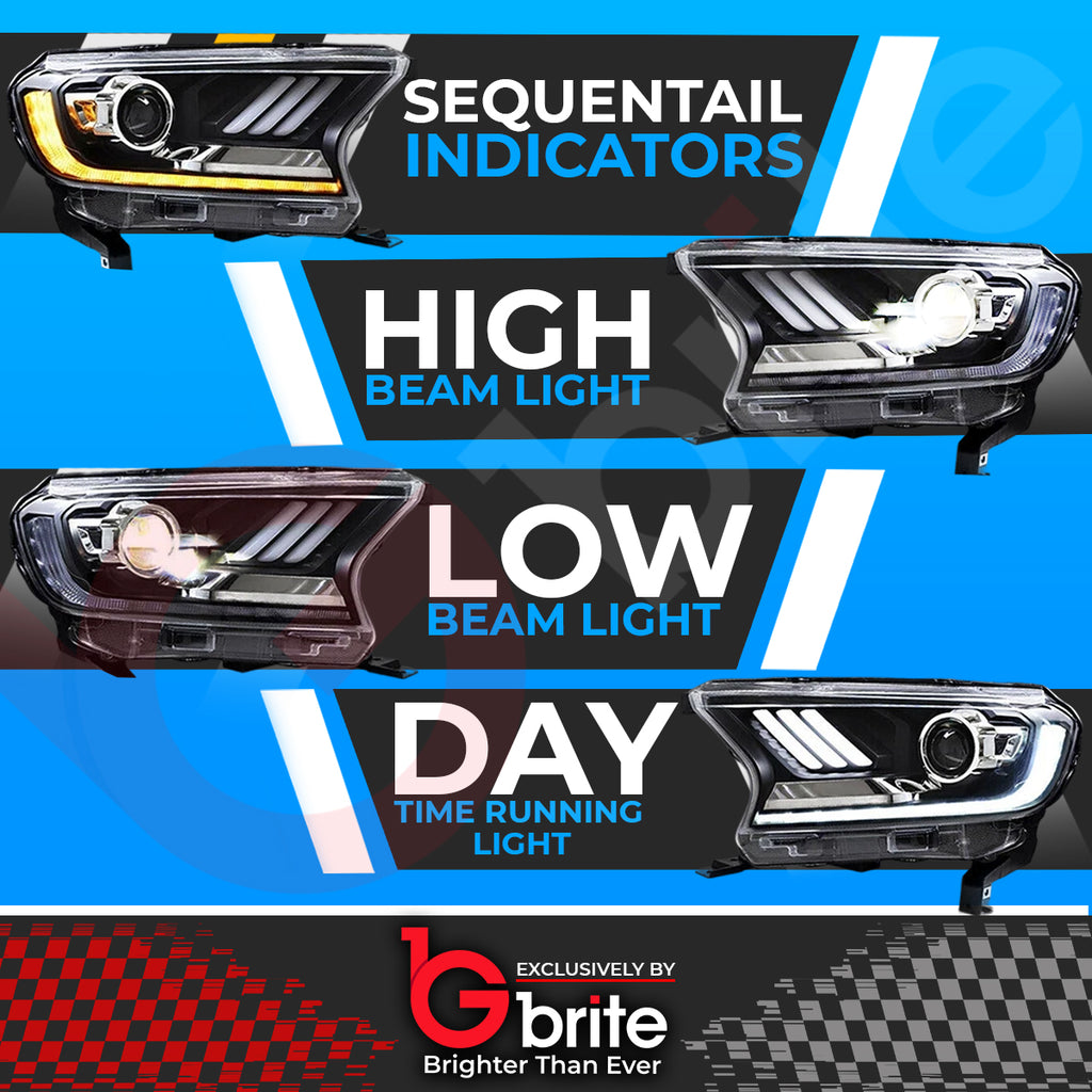 Ford Ranger T7 & T8 MUSTANG STYLE LED DRL HEADLIGHTS 2016-22 SEQUENTIAL INDICATOR