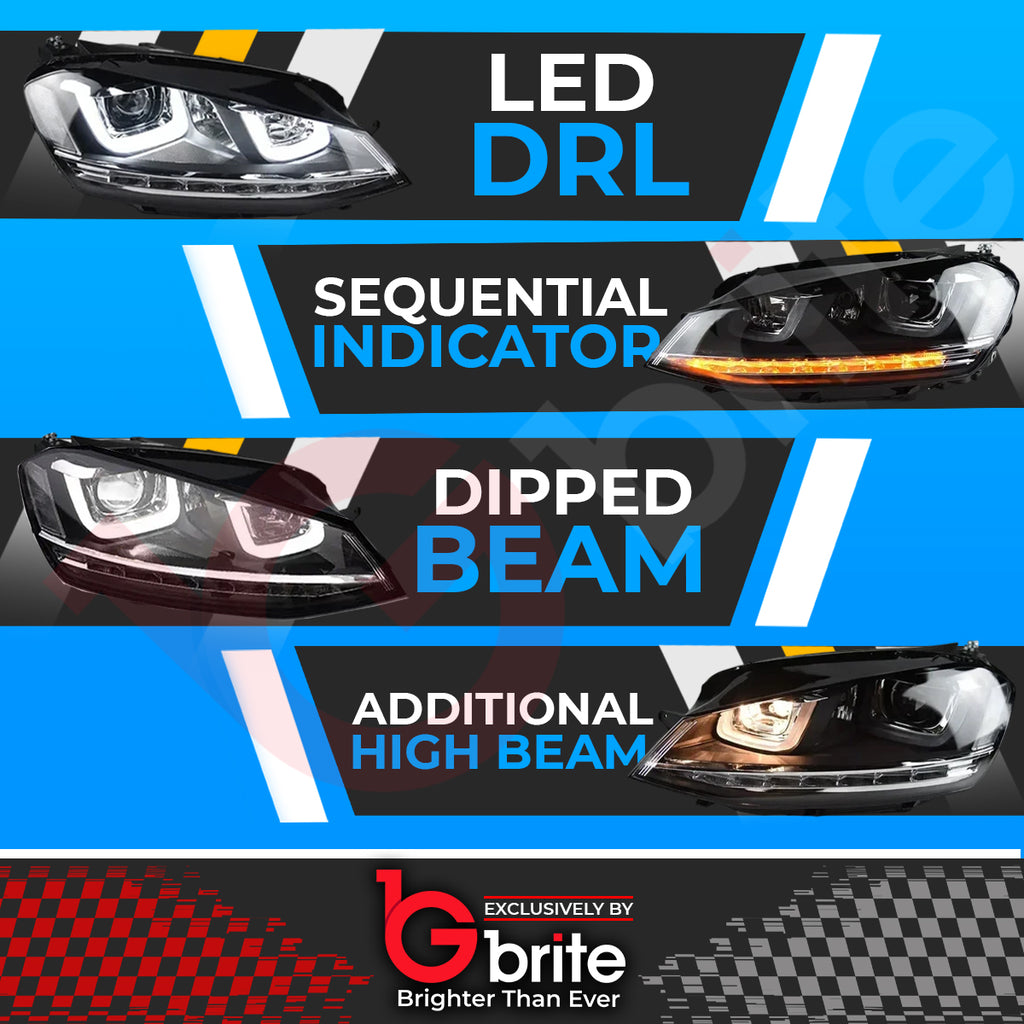 VW GOLF MK7 DRL BI LED CHROME HEADLAMPS WITH SEQUENTIAL INDICATOR GTD DAYTIME RUNNING LIGHTS