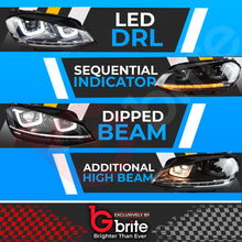 Load image into Gallery viewer, VW GOLF MK7 DRL BI LED CHROME HEADLAMPS WITH SEQUENTIAL INDICATOR GTD DAYTIME RUNNING LIGHTS