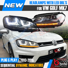 Load image into Gallery viewer, VW GOLF MK7 DRL BI LED CHROME HEADLAMPS WITH SEQUENTIAL INDICATOR GTD DAYTIME RUNNING LIGHTS