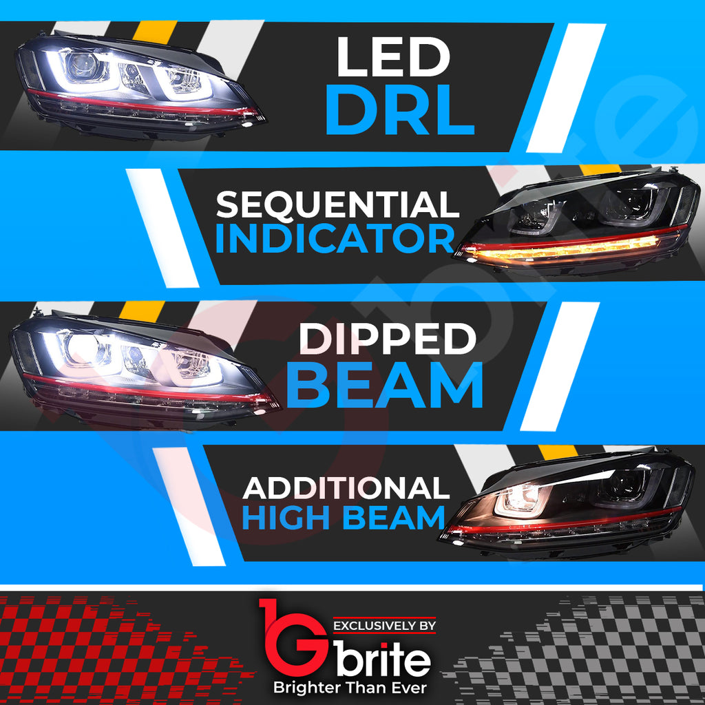 VW GOLF MK7 DRL BI XENON RED GTi STYLE DAYTIME RUNNING LIGHT SEQUENTIAL HEADLMAPS
