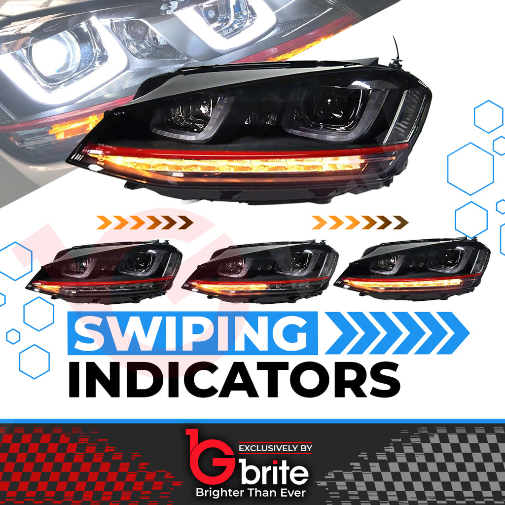 VW GOLF MK7 DRL BI XENON RED GTi STYLE DAYTIME RUNNING LIGHT SEQUENTIAL HEADLMAPS