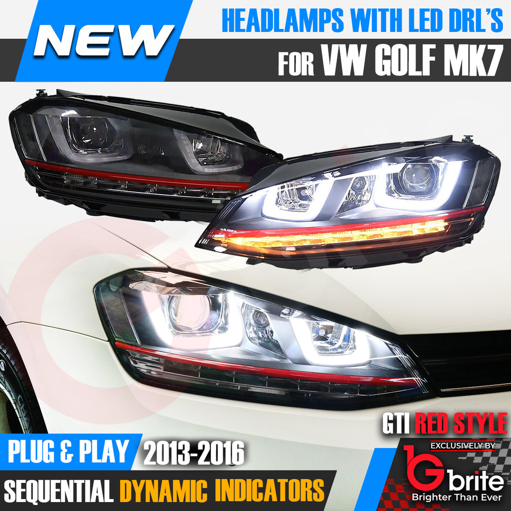 VW GOLF MK7 DRL BI XENON RED GTi STYLE DAYTIME RUNNING LIGHT SEQUENTIAL HEADLMAPS