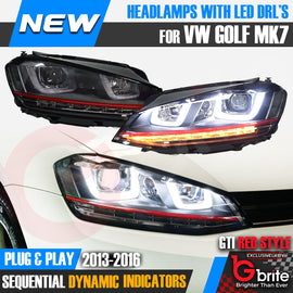 VW GOLF MK7 DRL BI XENON RED GTi STYLE DAYTIME RUNNING LIGHT SEQUENTIAL HEADLMAPS