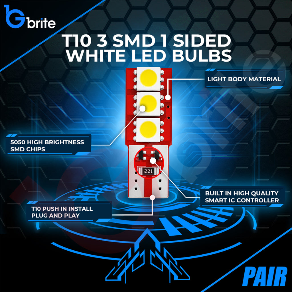 2x T10 501 LED Interior Bulbs 3 LED One-Sided 6000K Xenon White