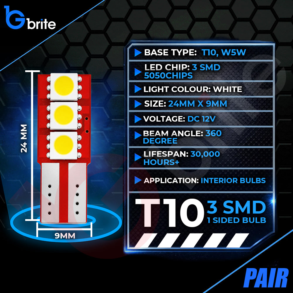 2x T10 501 LED Interior Bulbs 3 LED One-Sided 6000K Xenon White