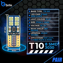 Load image into Gallery viewer, 2x T10 501 W5W 8x 3030 SMD PURE BLUE LED BULBS CANBUS INTERIOR LIGHTING UPGRADE