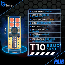 Load image into Gallery viewer, 2x T10 501 W5W 8 SMD LED SIDE LIGHT INDICATOR AMBER BULBS CANBUS ERROR FREE