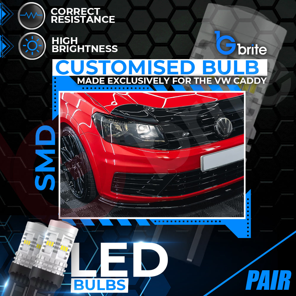 2x T20 7443 W21/5W 14 SMD LED DRL BULBS FOR VW CADDY MK4 UPGRADE XENON WHITE REPLACEMENT BULBS