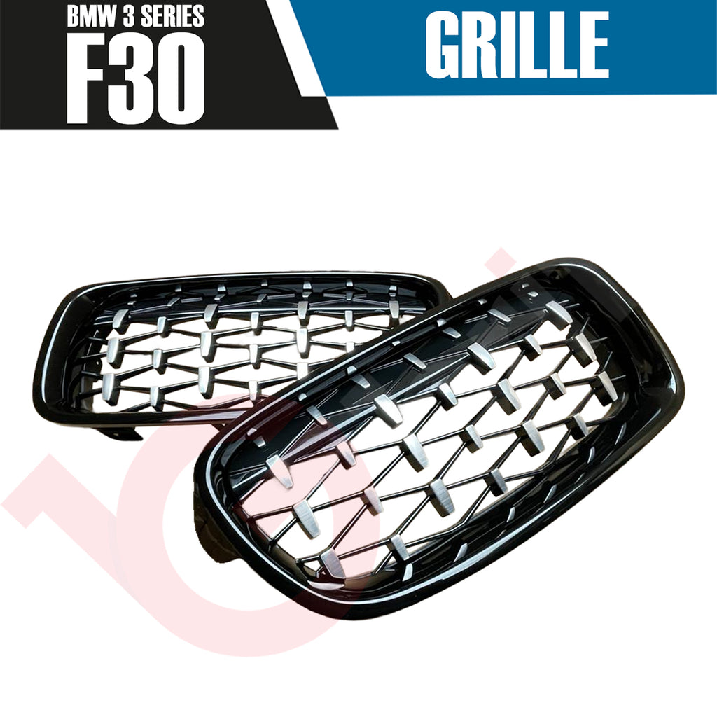 BMW 3 SERIES F30 F31 2012-2018 GLOSS BLACK & CHROME DIAMOND CUT FRONT KIDNEY GRILLE