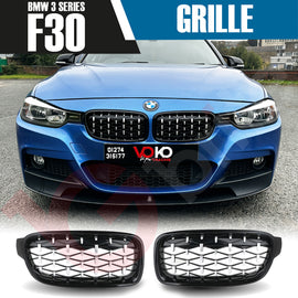 BMW 3 SERIES F30 F31 2012-2018 GLOSS BLACK & CHROME DIAMOND CUT FRONT KIDNEY GRILLE