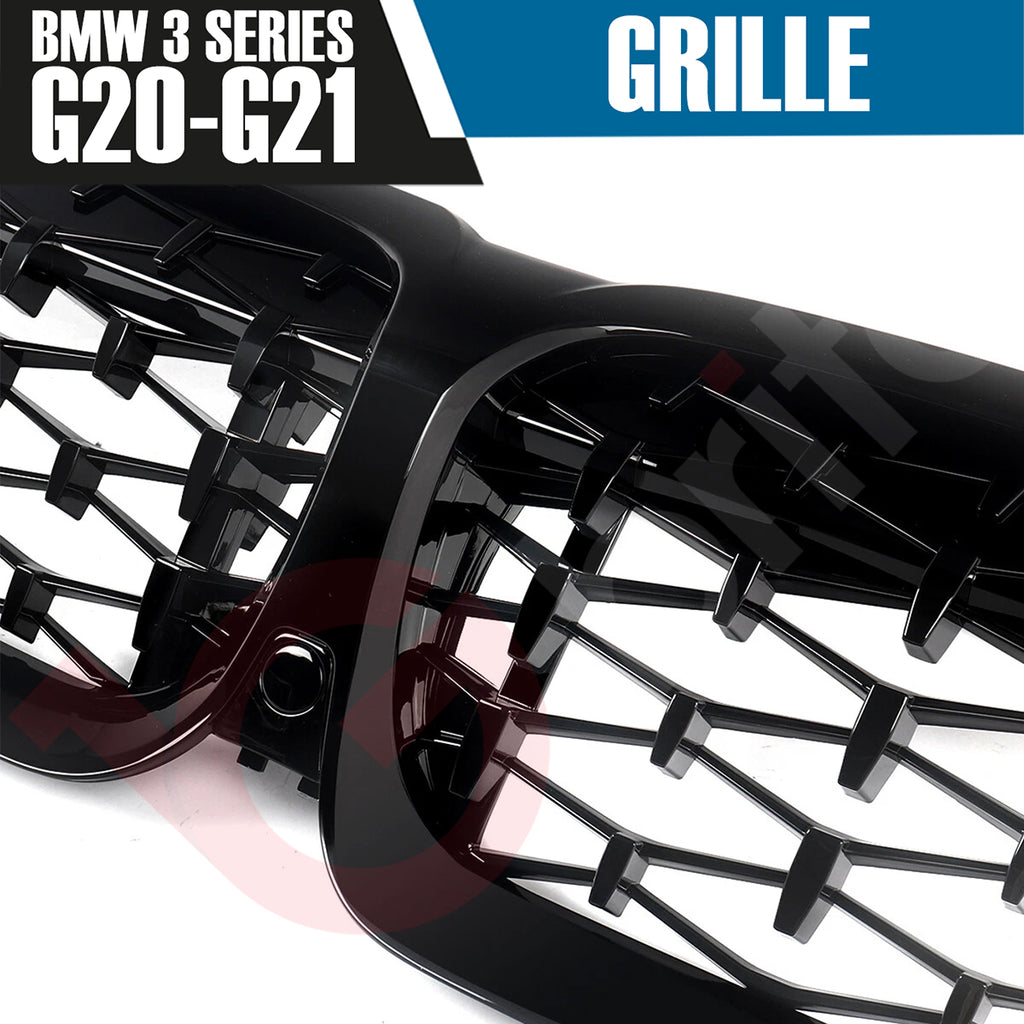 BMW 3 SERIES G20 G21 2019-2022 GLOSS BLACK DIAMOND CUT STYLE FRONT KIDNEY GRILLE