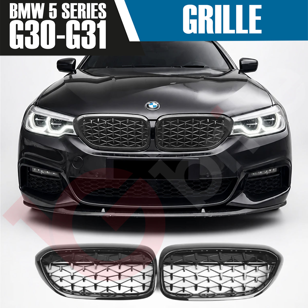 BMW 5 SERIES G30 G31 2017-2020 GLOSS BLACK DIAMOND CUT STYLE FRONT KIDNEY GRILLE