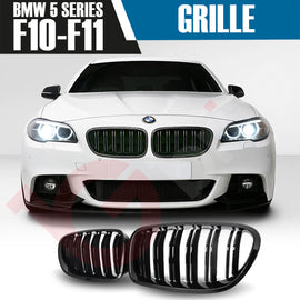 BMW 5 SERIES F10 F11 2010-2016 GLOSS BLACK DOUBLE SLAT STYLE FRONT KIDNEY GRILLE
