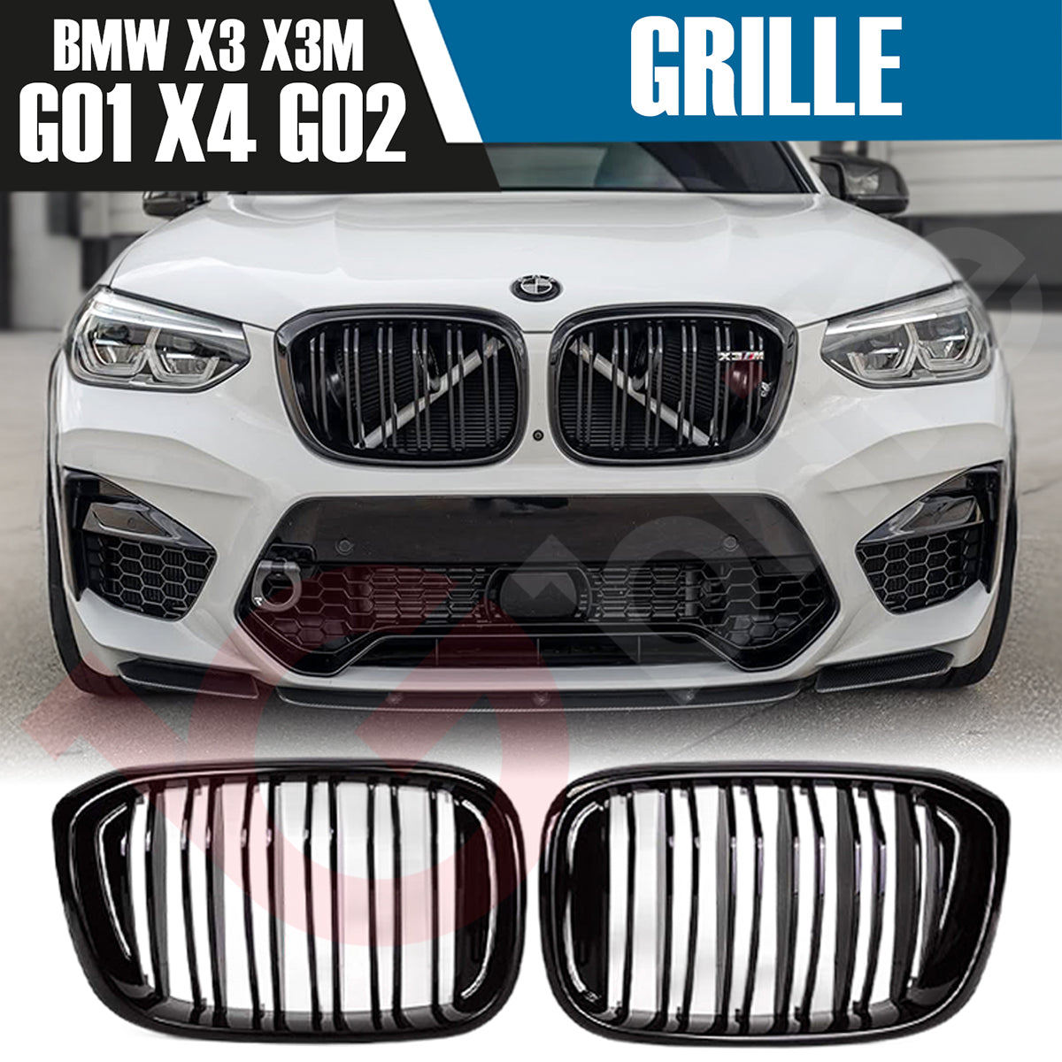 BMW X3 G01 X3M X4 G02 X4M 2018-2022 GLOSS BLACK DOUBLE SLAT STYLE FRONT KIDNEY GRILLE