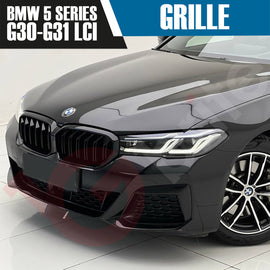 BMW 5 SERIES G30 G31 LCI 2021-2023 GLOSS BLACK DOUBLE SLAT STYLE FRONT KIDNEY GRILLE