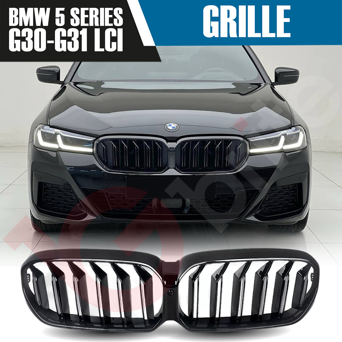 BMW 5 SERIES G30 G31 LCI 2021-2023 GLOSS BLACK DOUBLE SLAT STYLE FRONT KIDNEY GRILLE