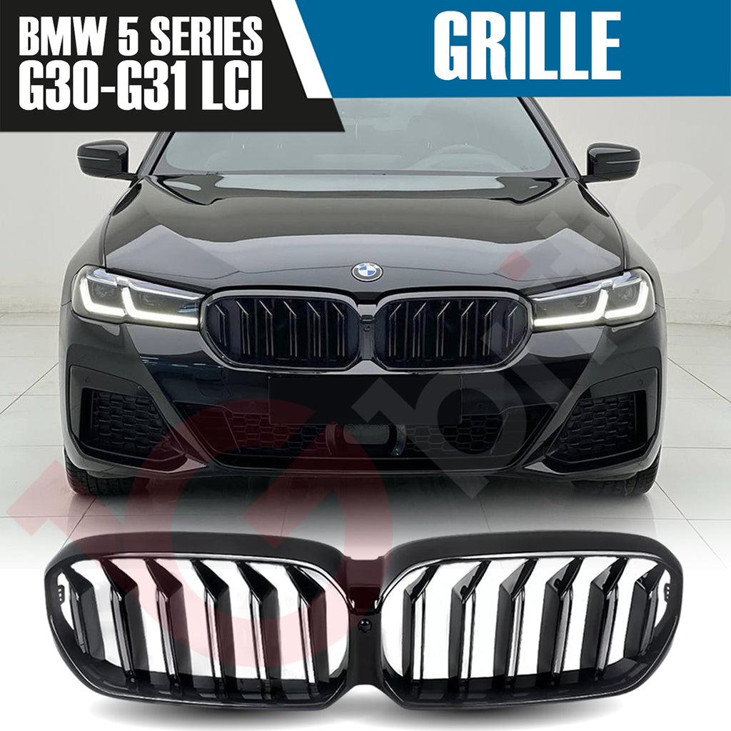 BMW 5 SERIES G30 G31 LCI 2021-2023 GLOSS BLACK DOUBLE SLAT STYLE FRONT KIDNEY GRILLE