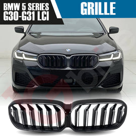 BMW 5 SERIES G30 G31 LCI 2021-2023 GLOSS BLACK DOUBLE SLAT STYLE FRONT KIDNEY GRILLE