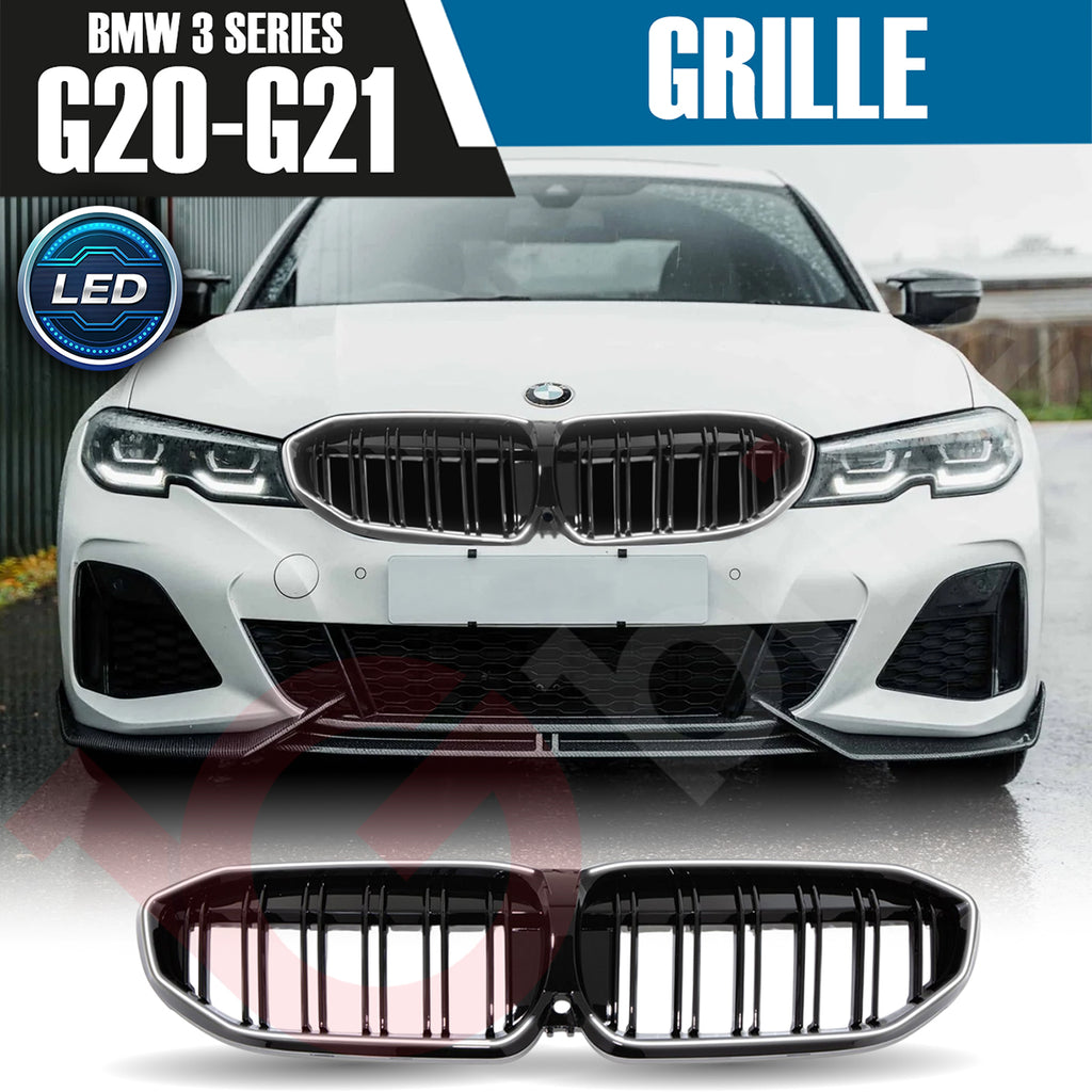 BMW 3 SERIES G20 G21 2019-2022 DOUBLE SLAT STYLE + LED LIGHT FRONT KIDNEY GRILLE