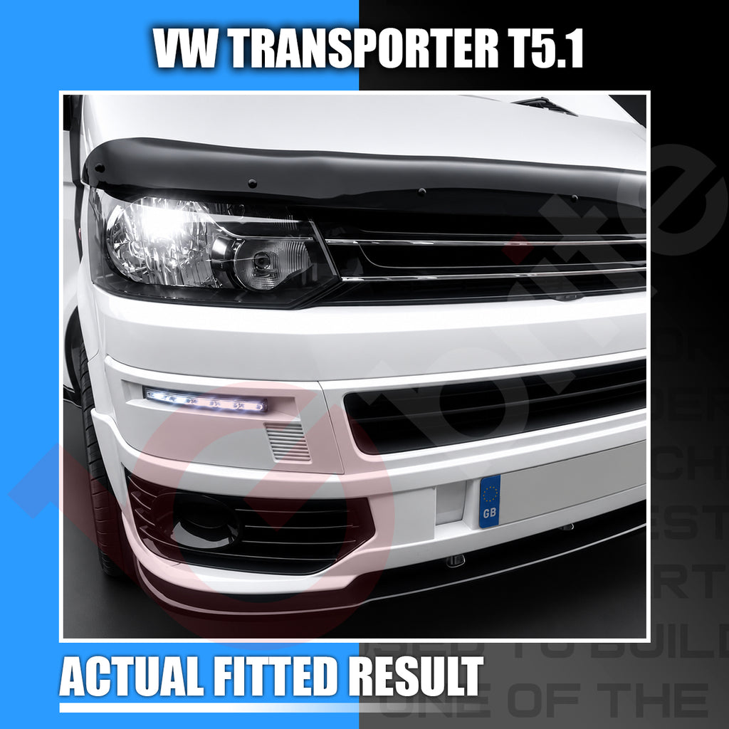 Front lighting close-up on a white VW Transporter T5.1 showing the fitted LED lighting result