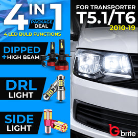 Gbrite 4-in-1 H4 LED bulb package for VW Transporter T5.1 and T6 2010–2019, covering dipped beam, high beam, DRL and sidelights