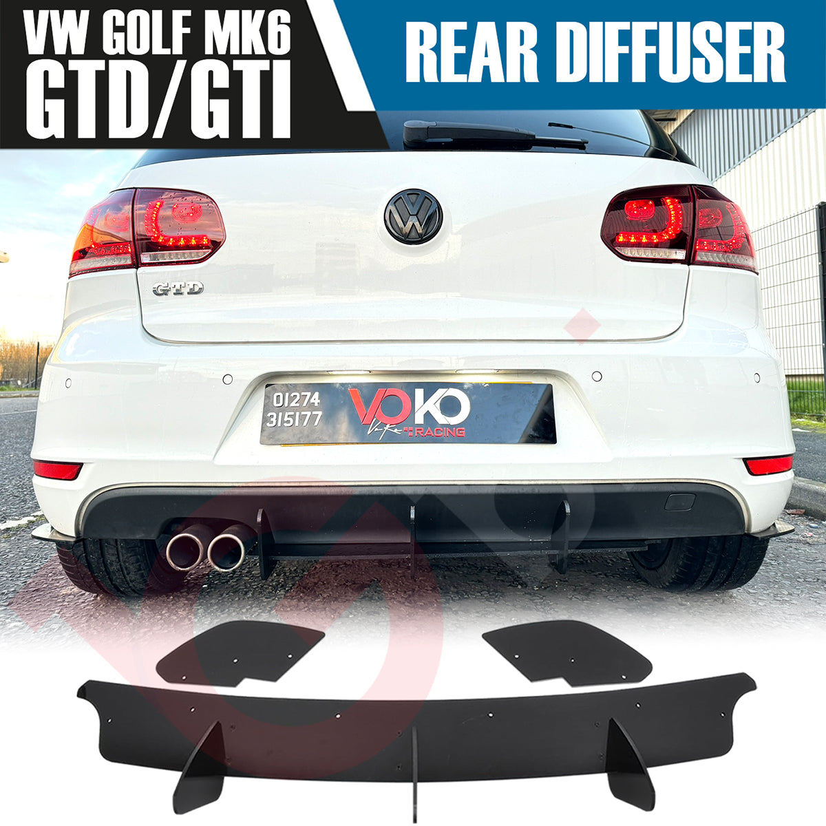 VW GOLF MK6 GTI & GTD VOKO RACING MATT BLACK REAR BUMPER DIFFUSER EXTENSION 2008-2012