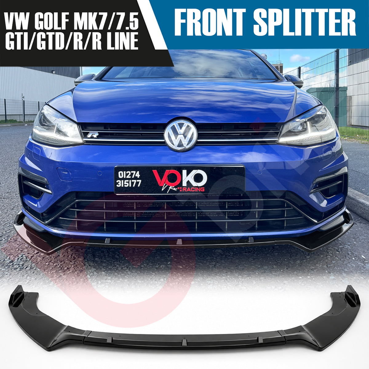 VW GOLF MK7/7.5 GTD GTI R/RLINE VOKO RACING GLOSS BLACK FRONT BUMPER SPLITTER LIP 2013-20