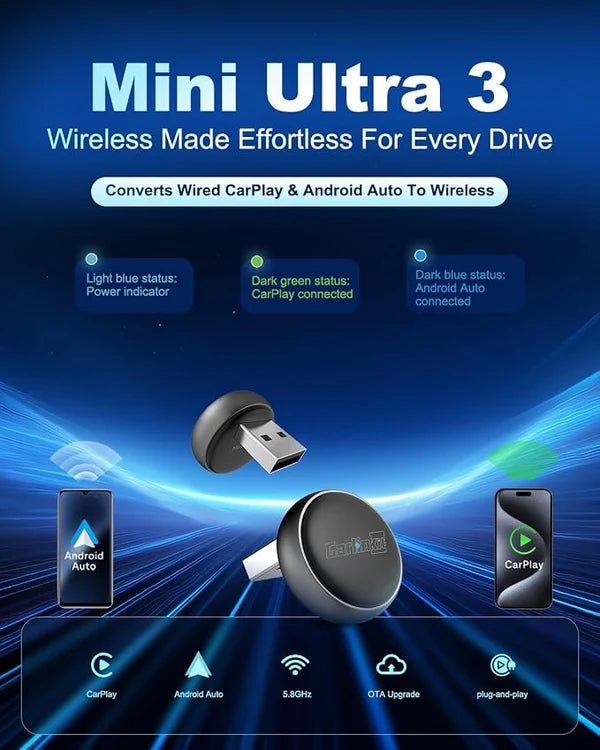 CarlinKit MINI Ultra 3 Wireless Adapter - Converts wired CarPlay/Android Auto to wireless