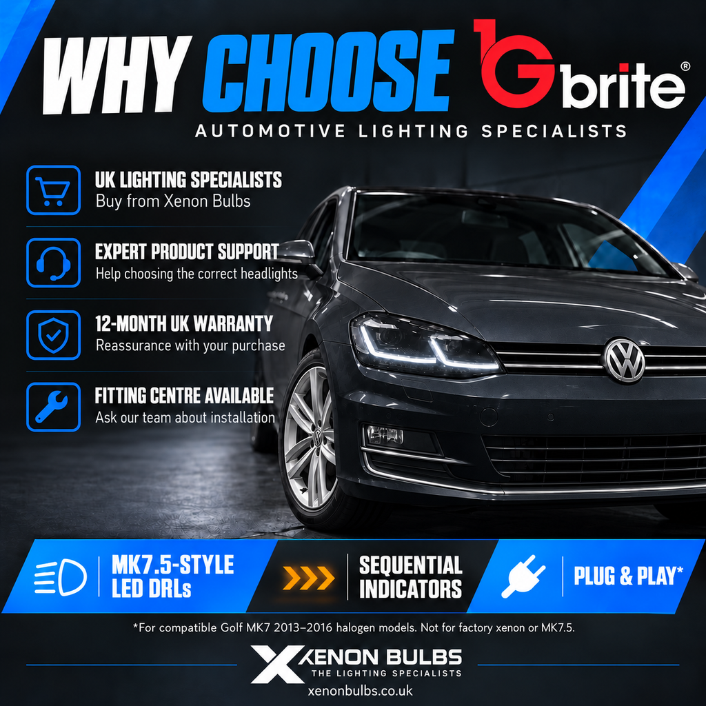 Dark grey Golf MK7 with MK7.5-style LED DRL headlights — why choose Gbrite, UK support, 12-month warranty and fitting centre